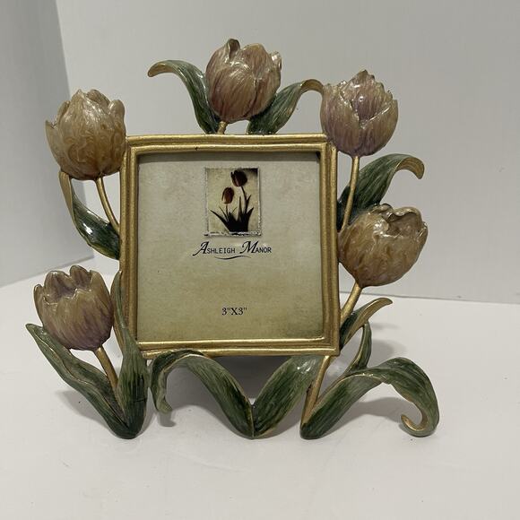Ashleigh Manor Photo Frame Gold Enameled Tulips 3 X 3 Vintage Pink Floral - Picture 2 of 9